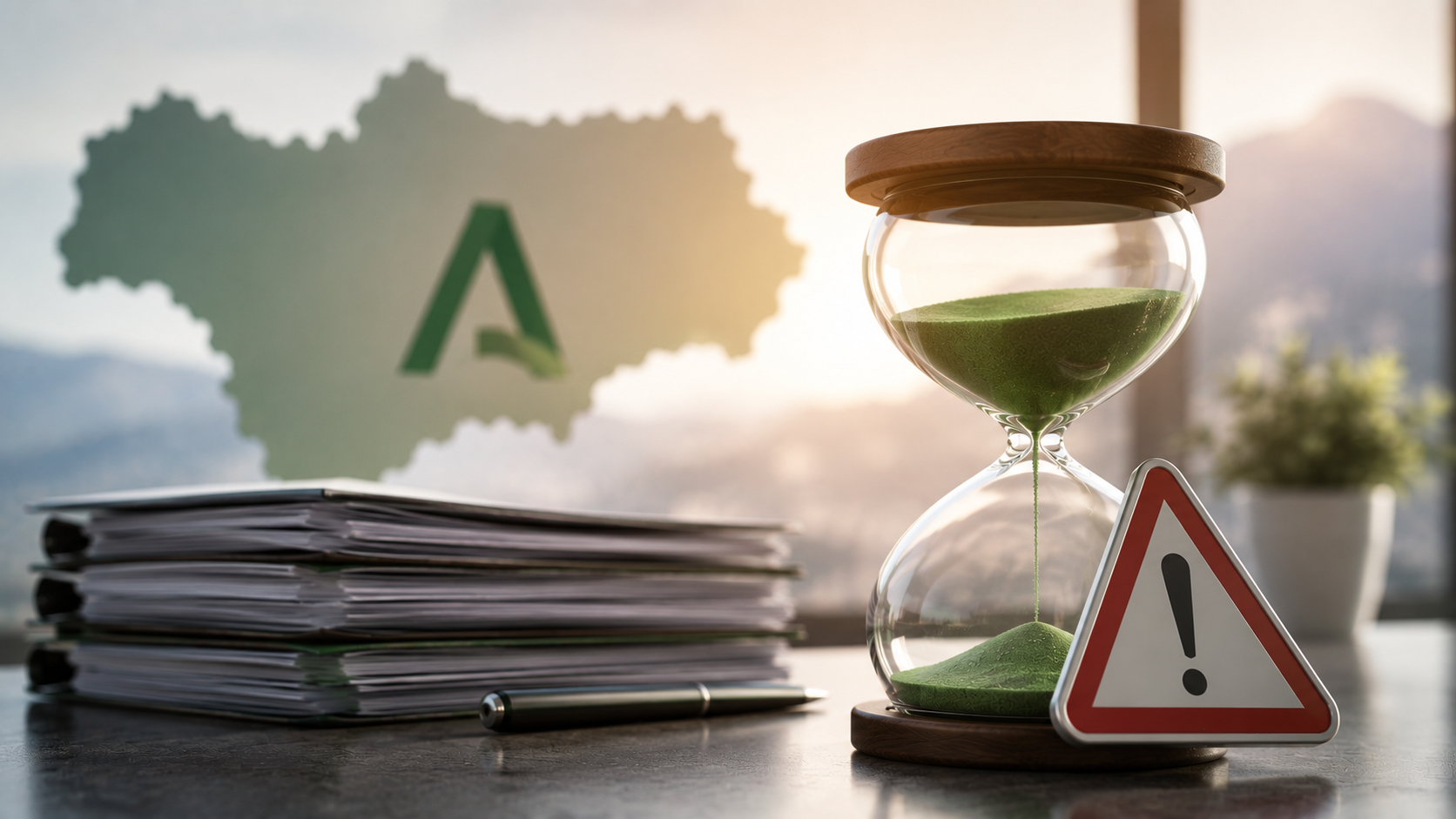 Reloj de arena con arena verde, expedientes apilados y señal de alerta ante el cierre anticipado de las ayudas de Andalucía TRADE.