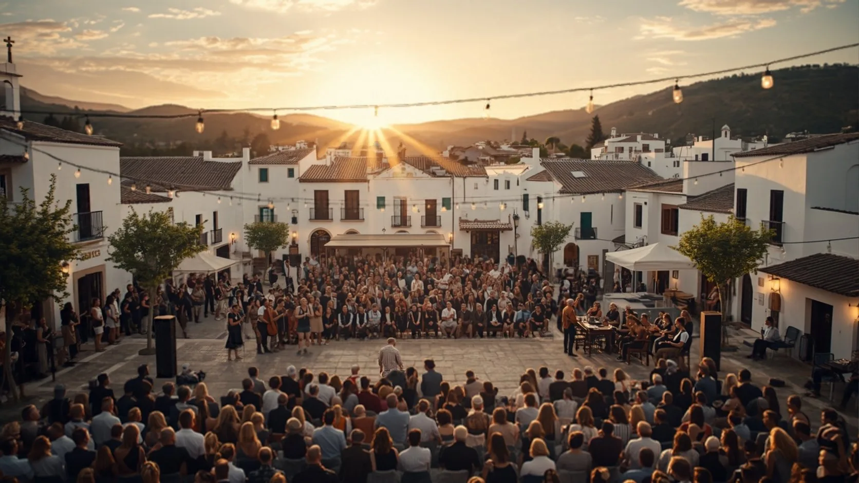 Festival cultural al aire libre en la plaza de un pueblo blanco de Andalucía al atardecer, con vecinos asistiendo al espectáculo